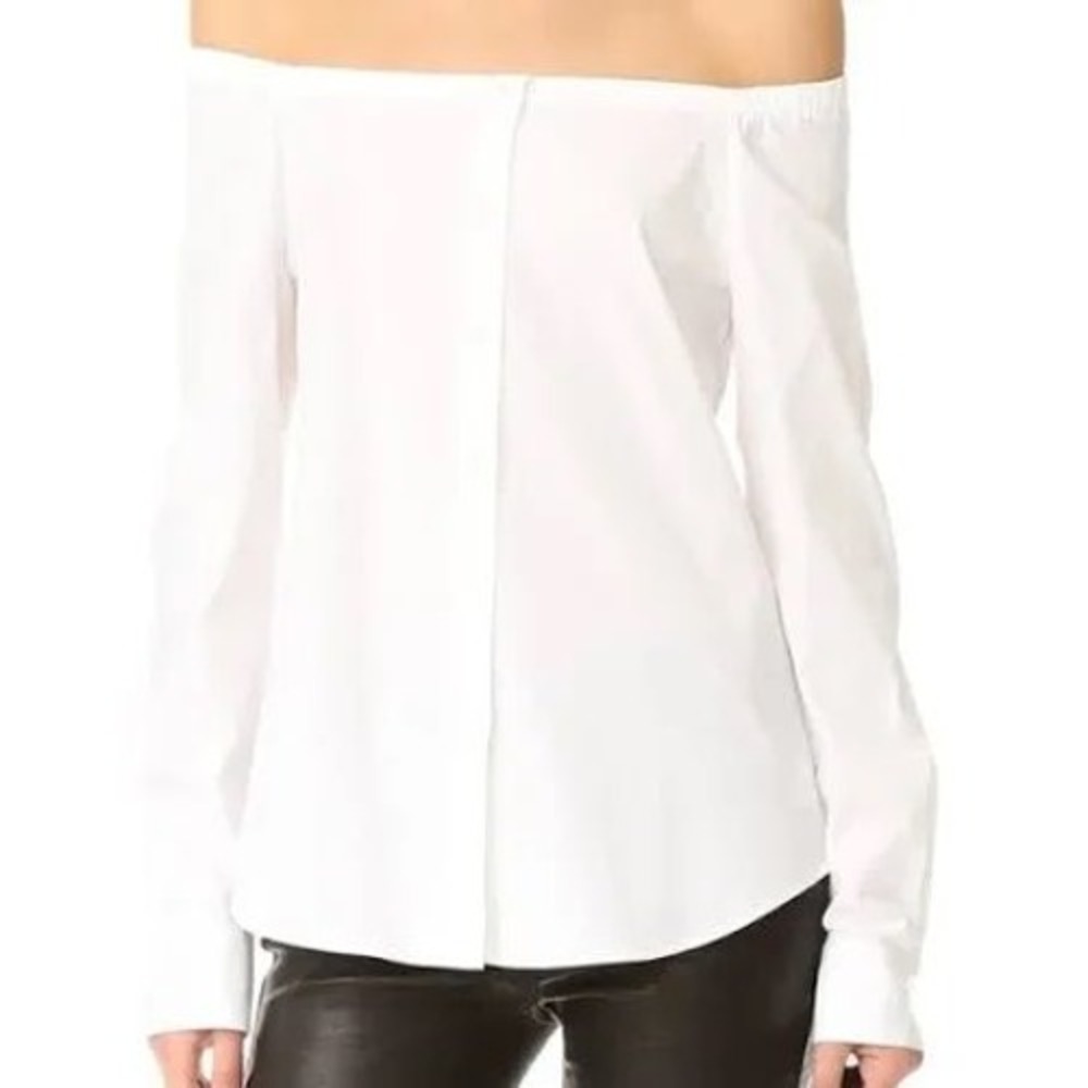 Theory Auriana Stretch Cotton Off The Shoulder Button Front Blouse White S